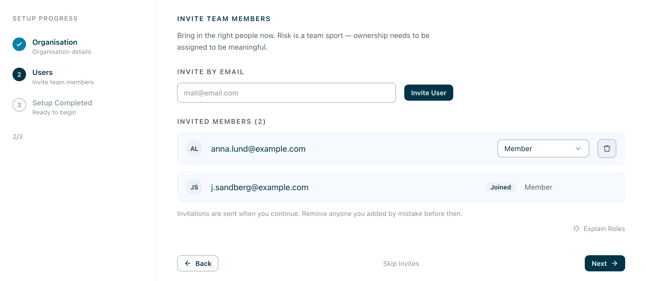 Inviting colleagues during setup